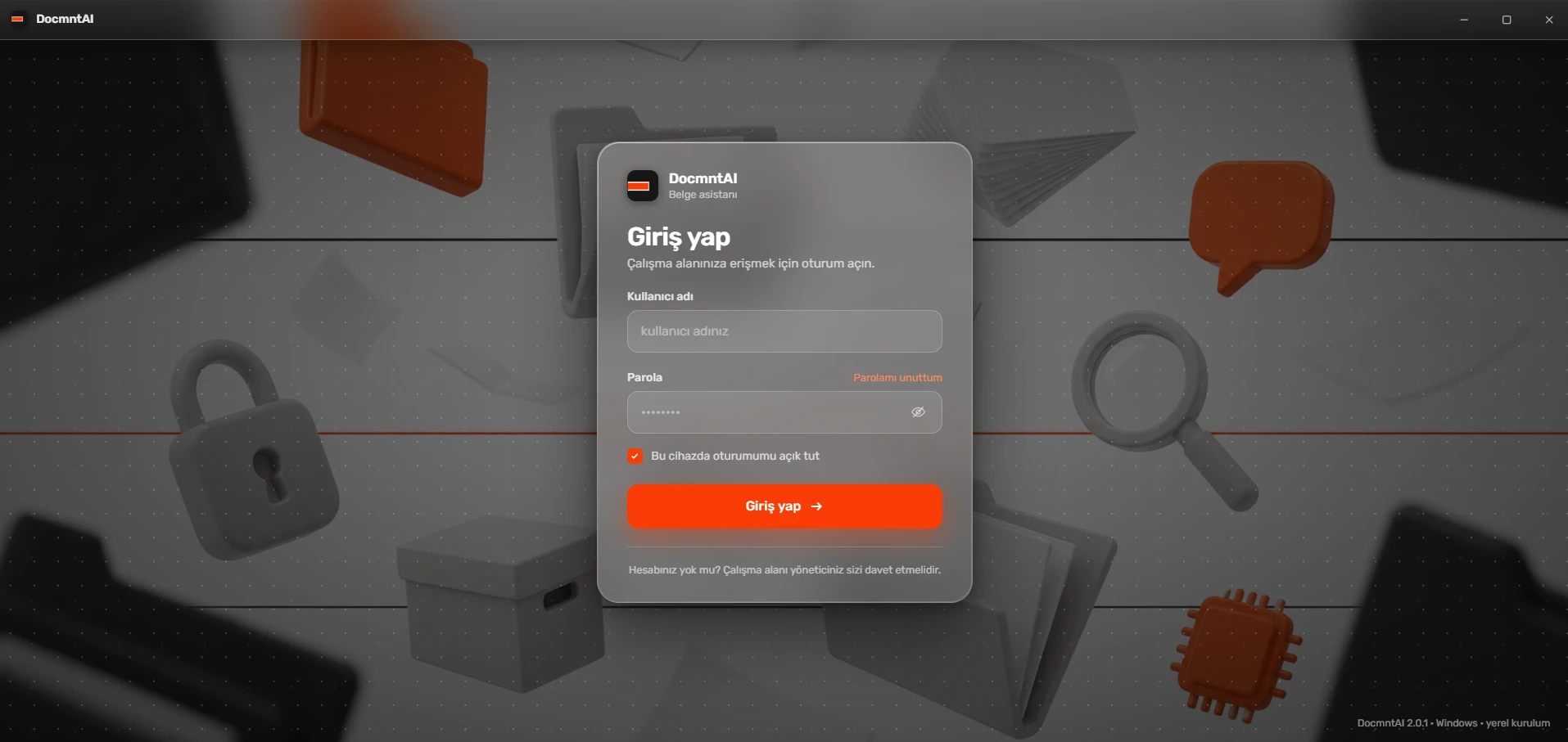 The DocmntAI sign-in screen; username and password fields for opening a workspace session