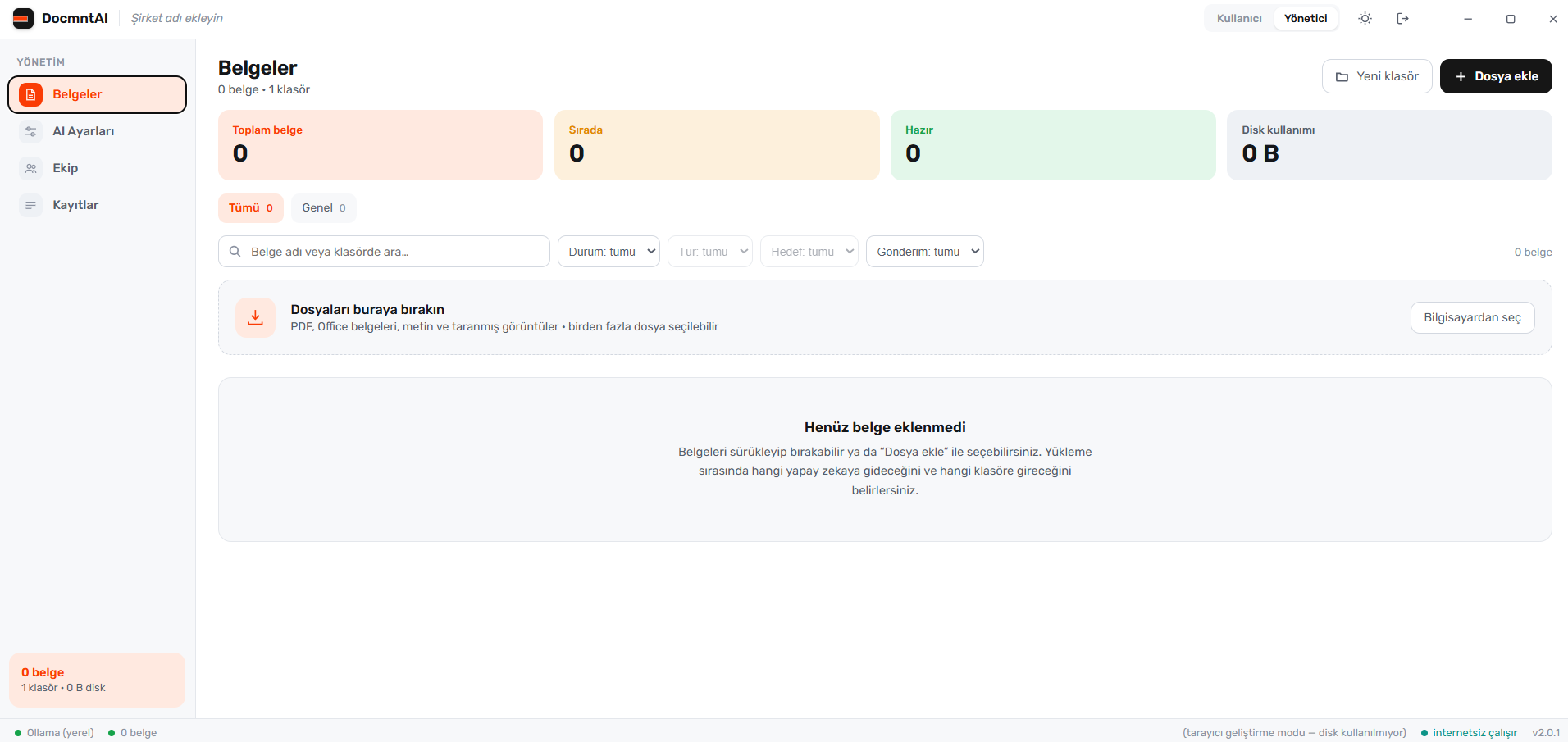 The DocmntAI documents screen; counters for total, queued and ready documents next to the drop area for files
