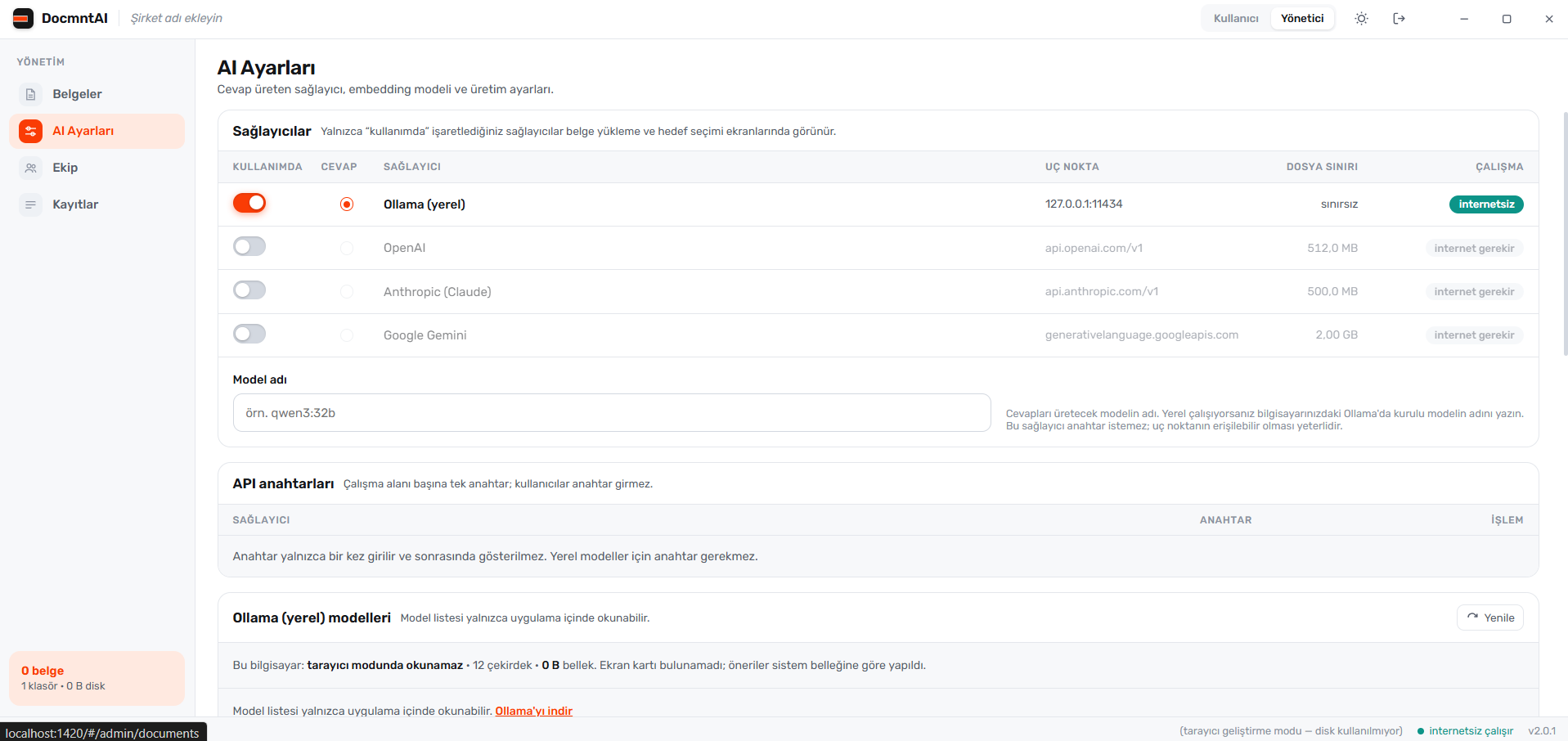 The DocmntAI model settings; the provider list with local Ollama alongside OpenAI, Anthropic and Google Gemini