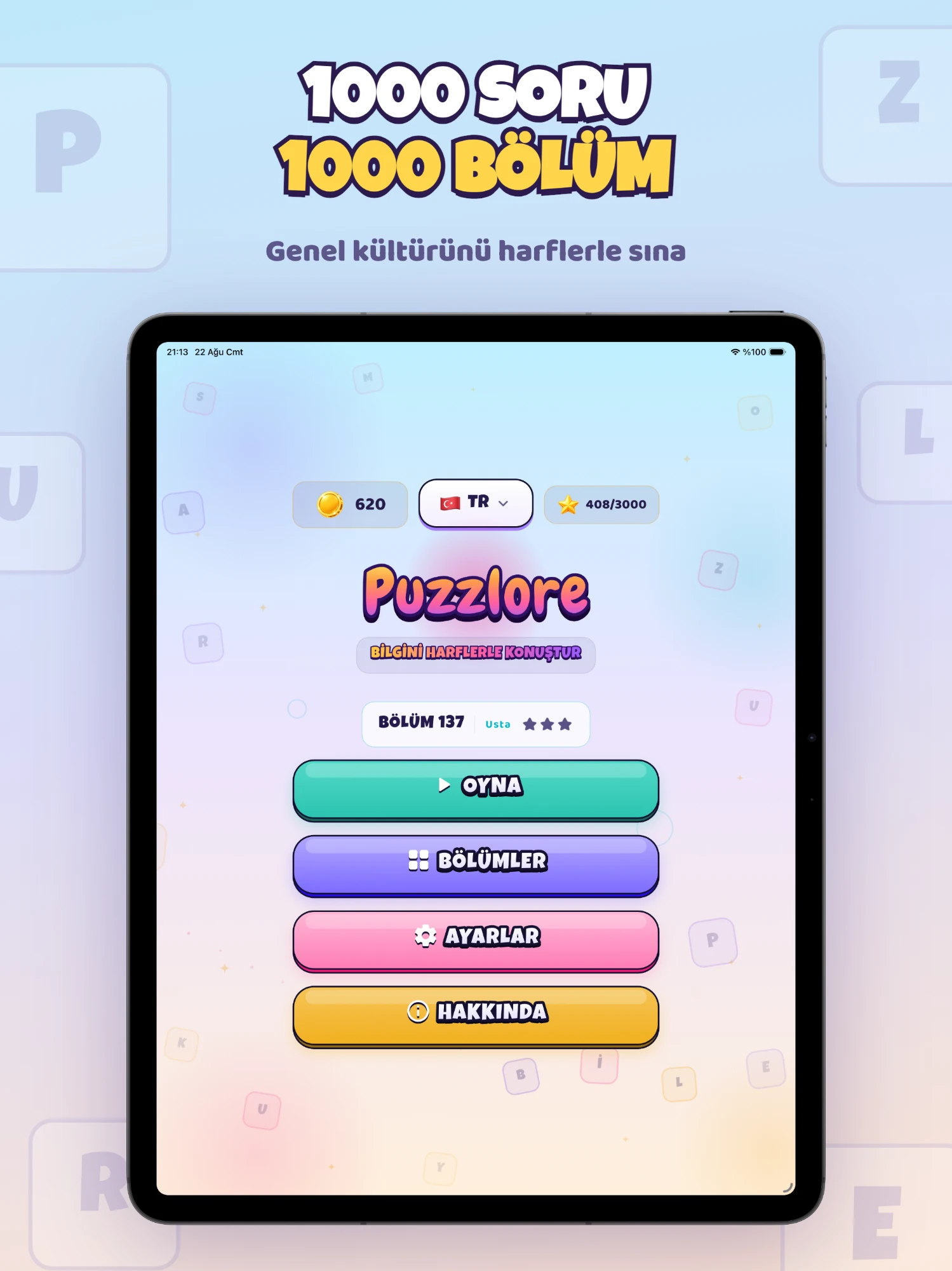 The Puzzlore home screen; coin and star counters, the language picker and the play button for the next level