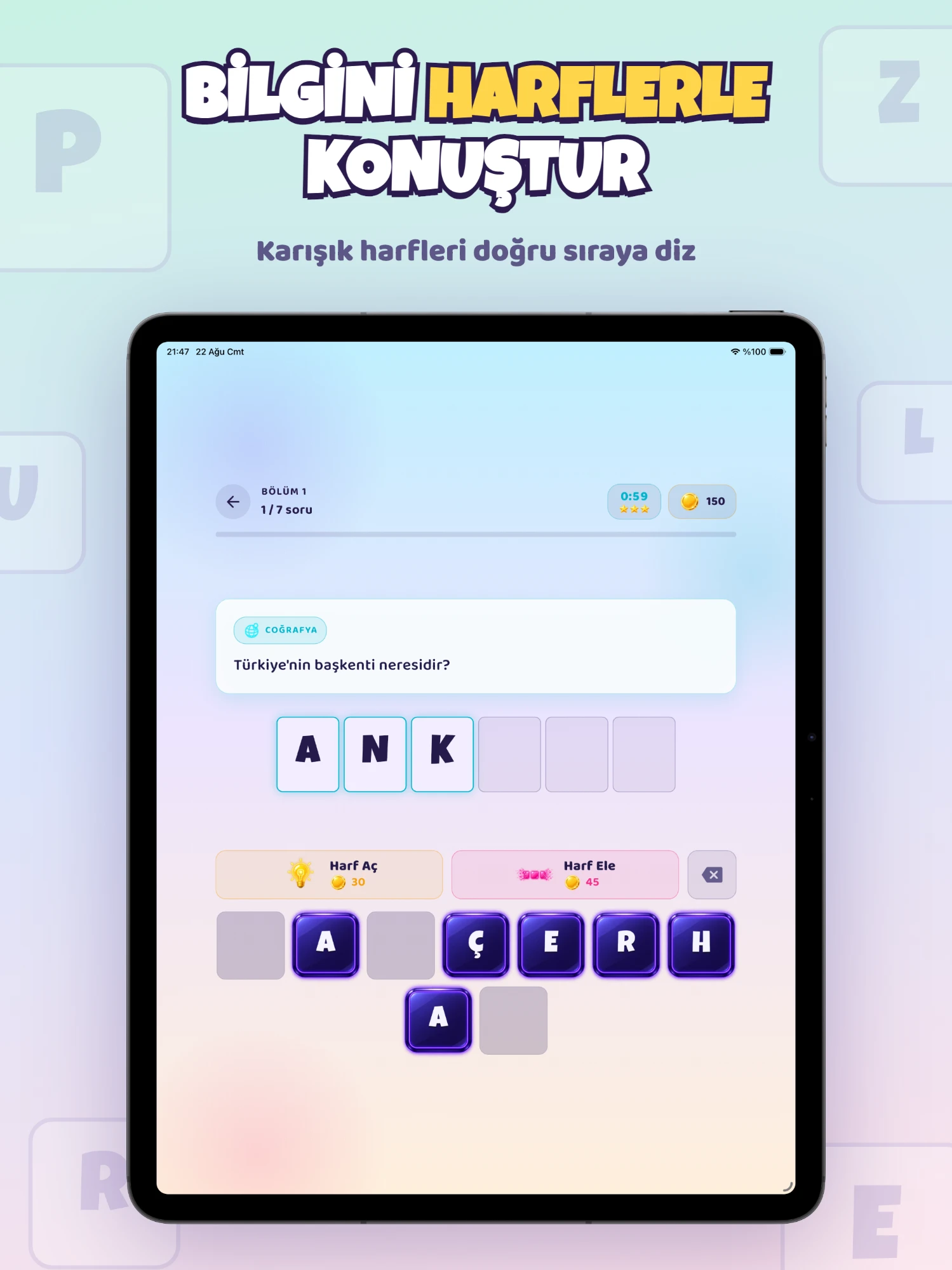 Puzzlore in play; a geography question, empty letter boxes and the scrambled letter keys below them