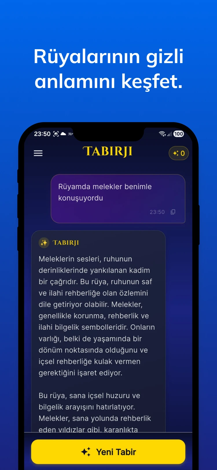 An AI reading of a dream in Tabirji; the dream the user described and the interpretation below it