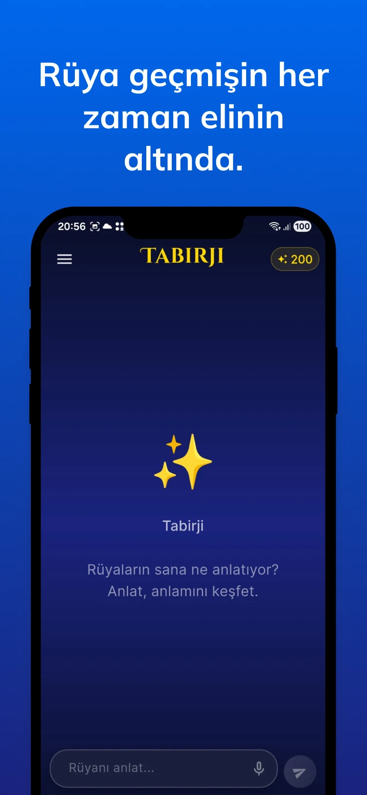 The Tabirji start screen; a text field for typing the dream or dictating it