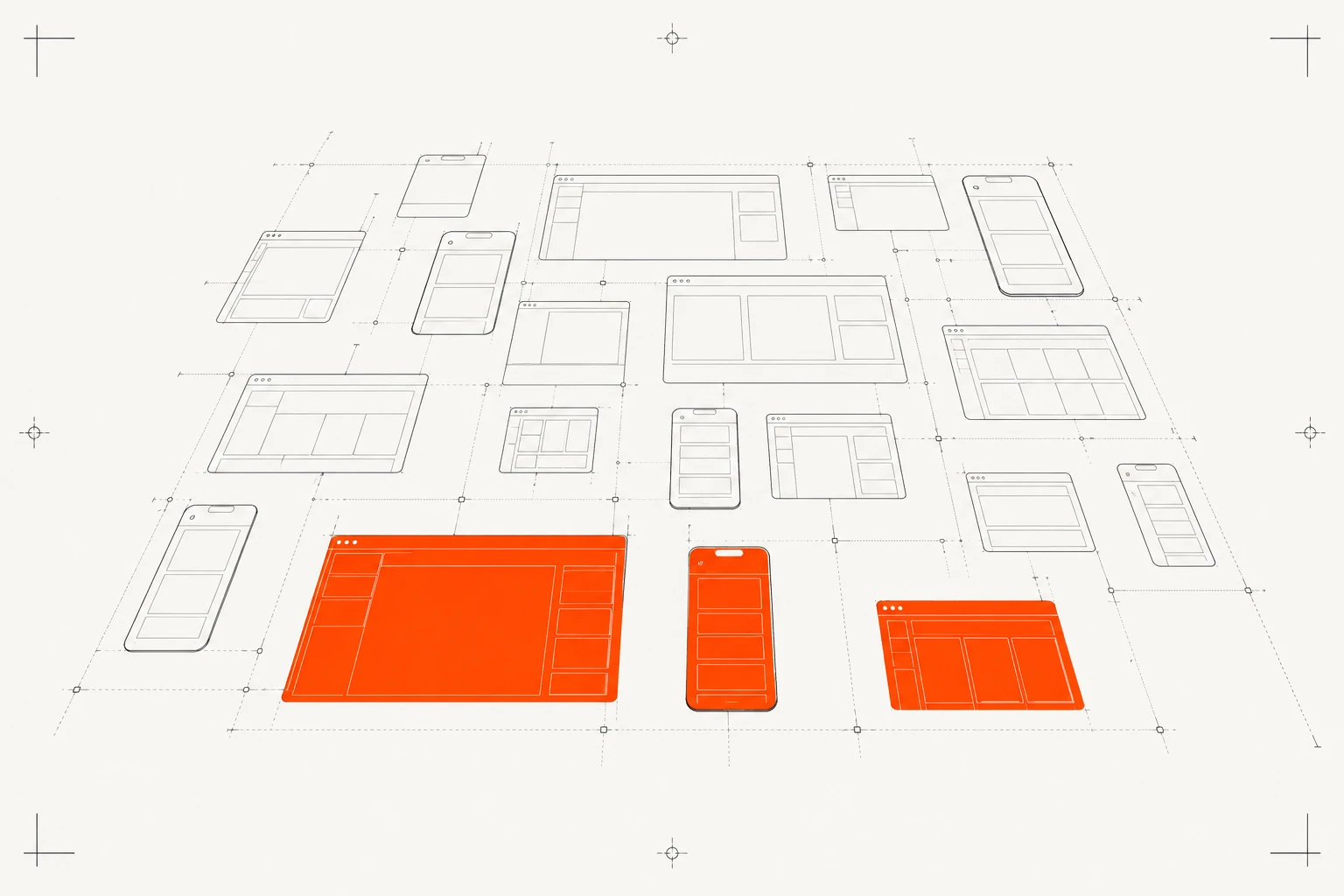 A technical drawing: many application windows and phone screens laid out in perspective, the three at the front filled with orange